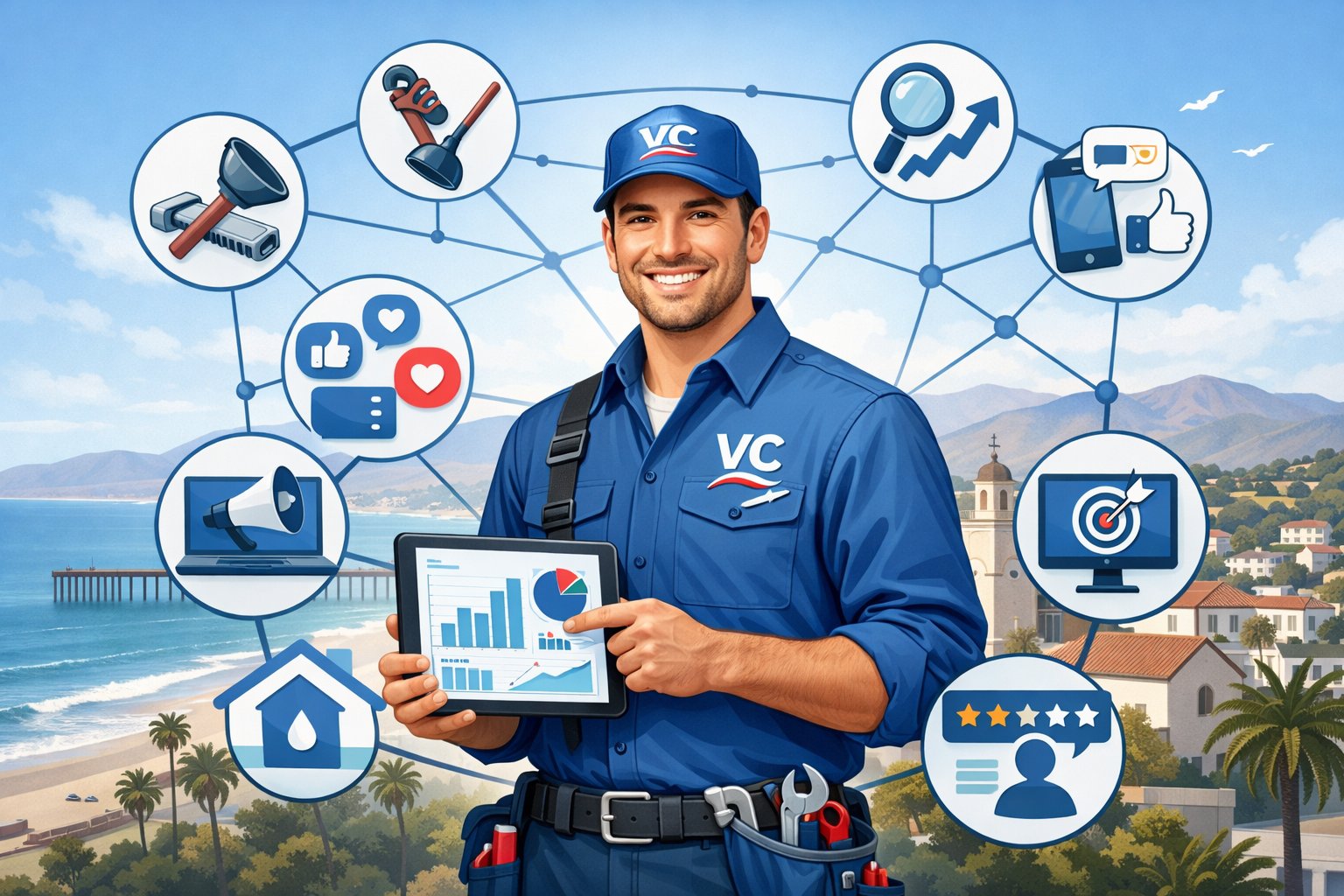 A plumber in uniform holding a tablet with graphs, standing in front of Ventura cityscape with plumbing tools and marketing icons around.