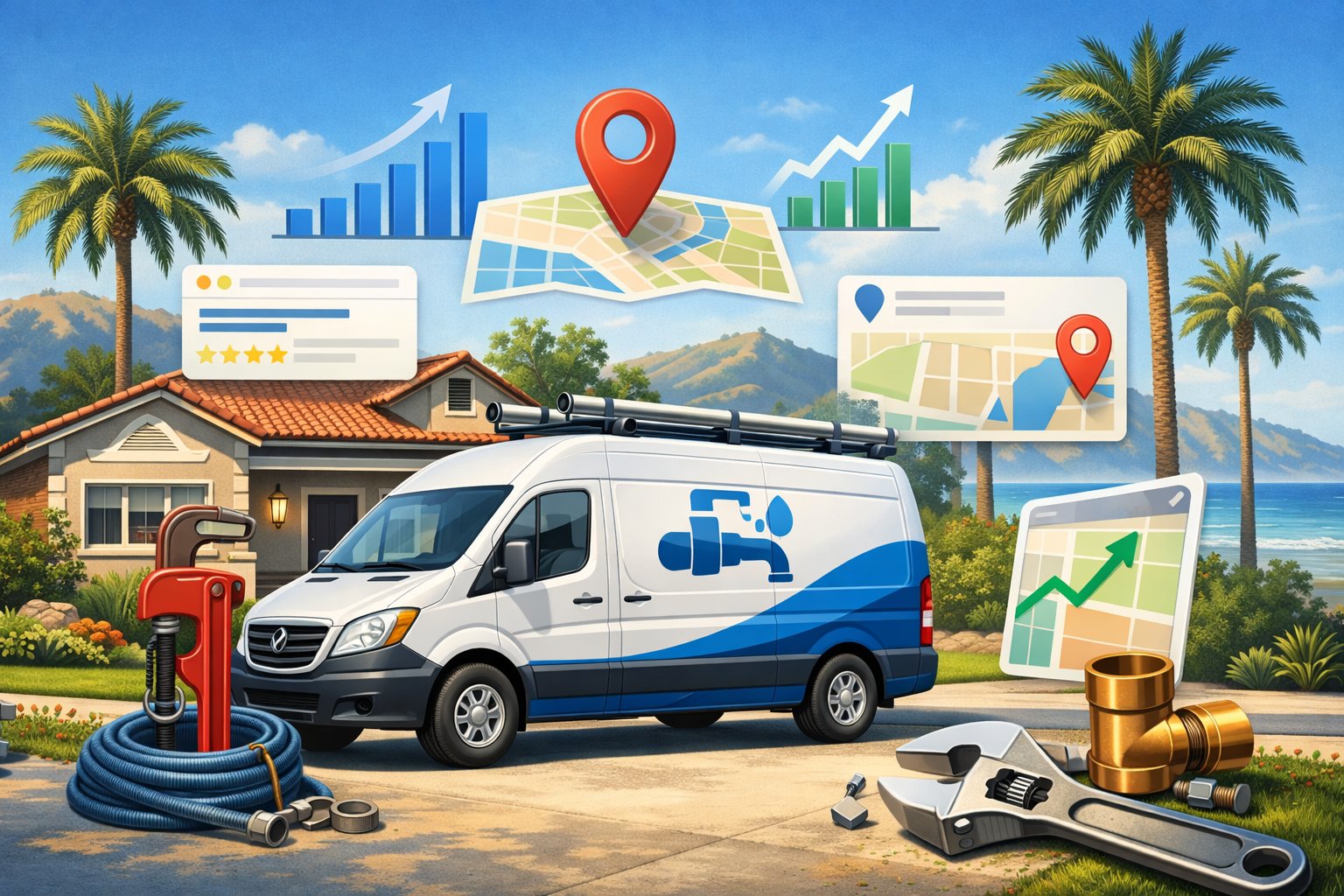 A plumbing van parked in front of a house with palm trees and hills in the background, surrounded by digital icons representing online marketing and growth.
