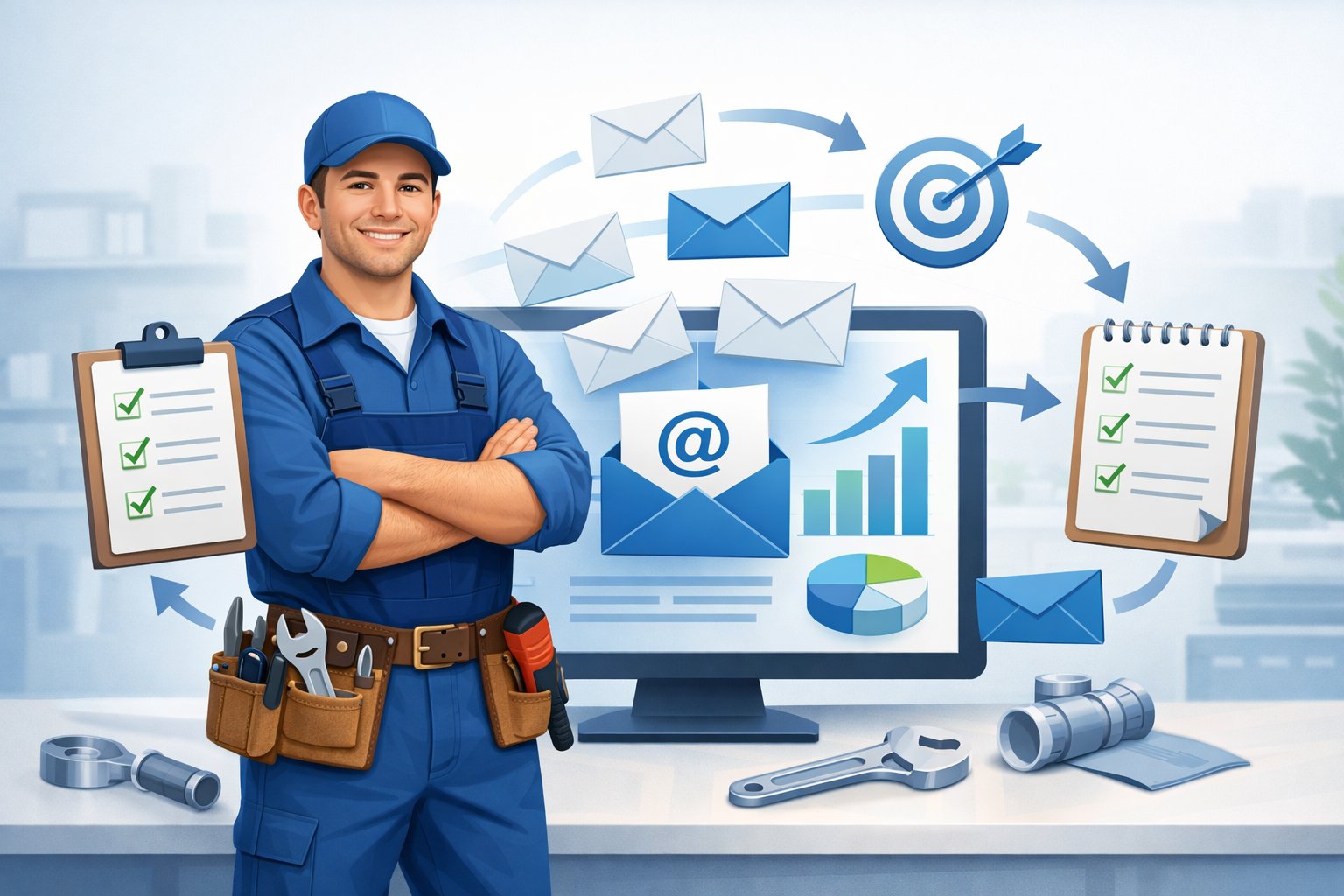 A plumber standing next to a large digital screen showing email icons and marketing graphs, surrounded by envelopes, checklists, and flowchart arrows representing a step-by-step email marketing process.