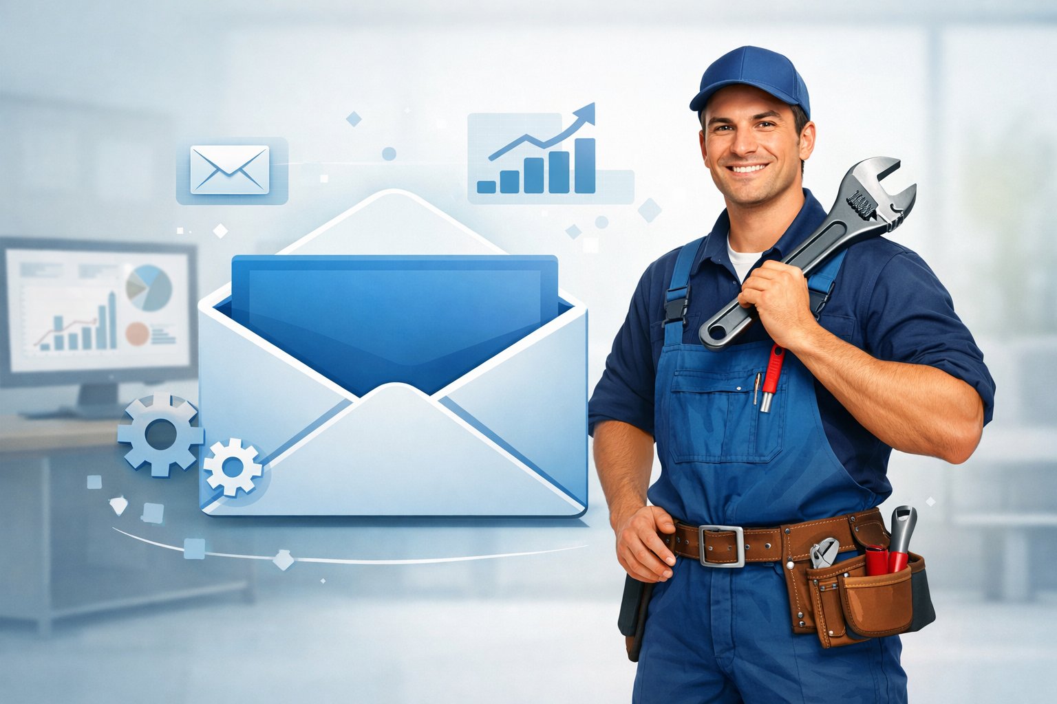 A plumber holding a wrench stands next to a large envelope icon with floating email and marketing symbols around, set in a modern office environment.
