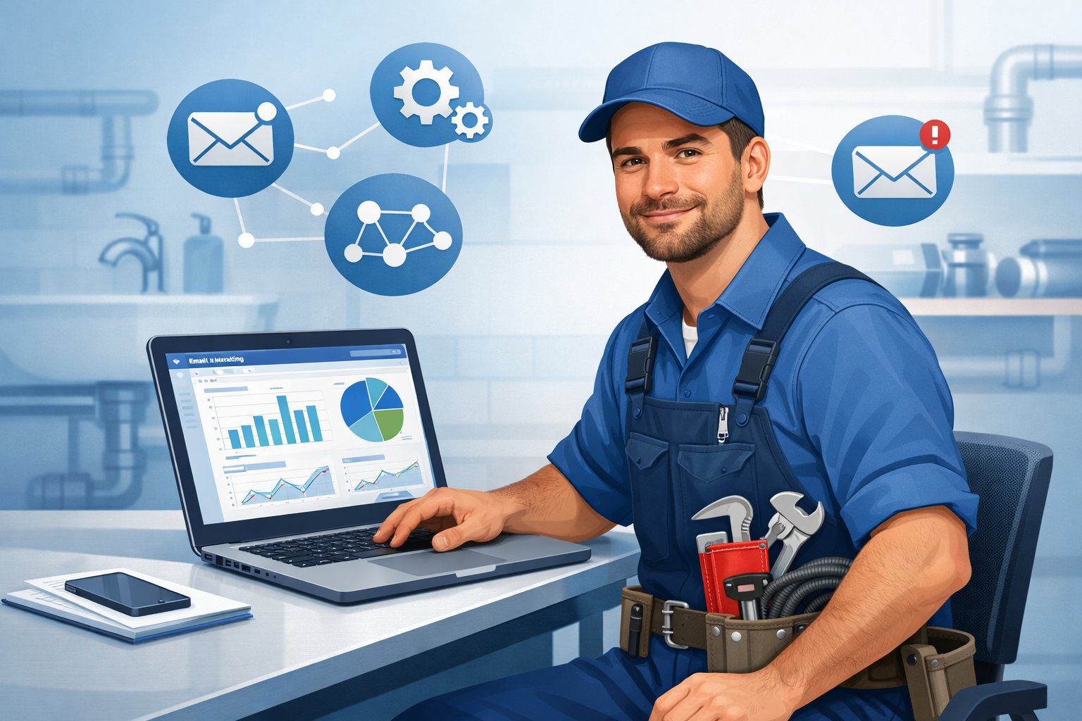 A plumber working at a desk with a laptop showing email marketing charts, surrounded by email and plumbing icons in a workshop setting.