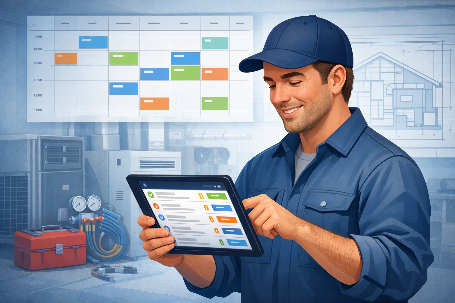An HVAC technician using a tablet showing customer leads and a calendar with scheduled appointments, with HVAC equipment and a house blueprint in the background.