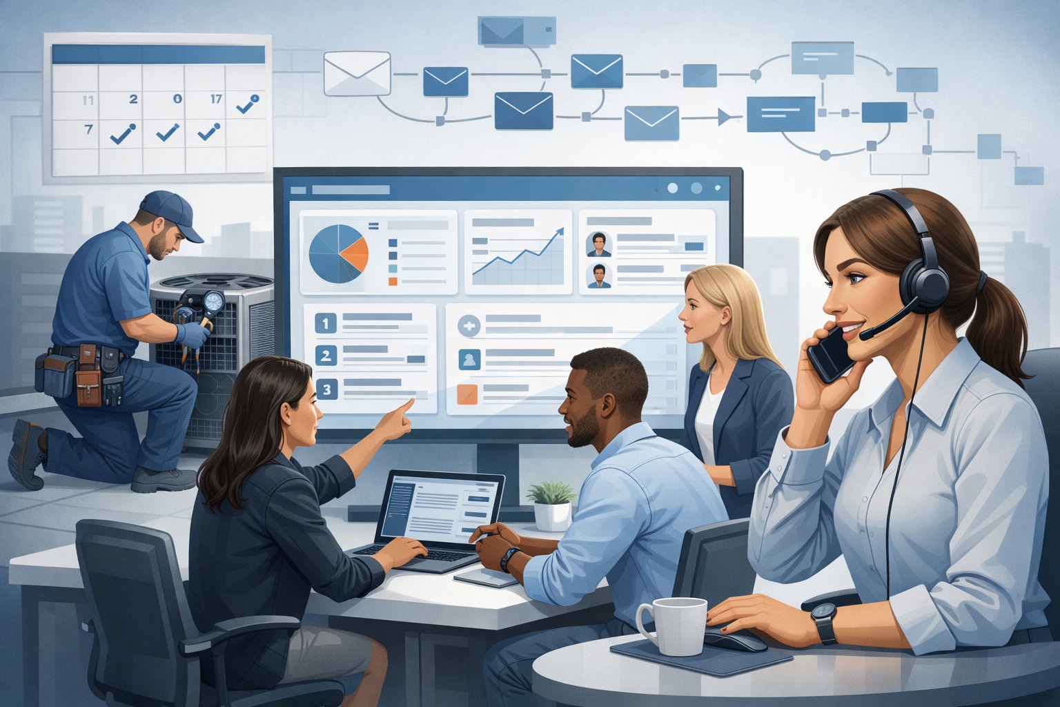 An office scene showing a team working together with digital dashboards and HVAC equipment, illustrating a system for managing and following up on HVAC customer leads.