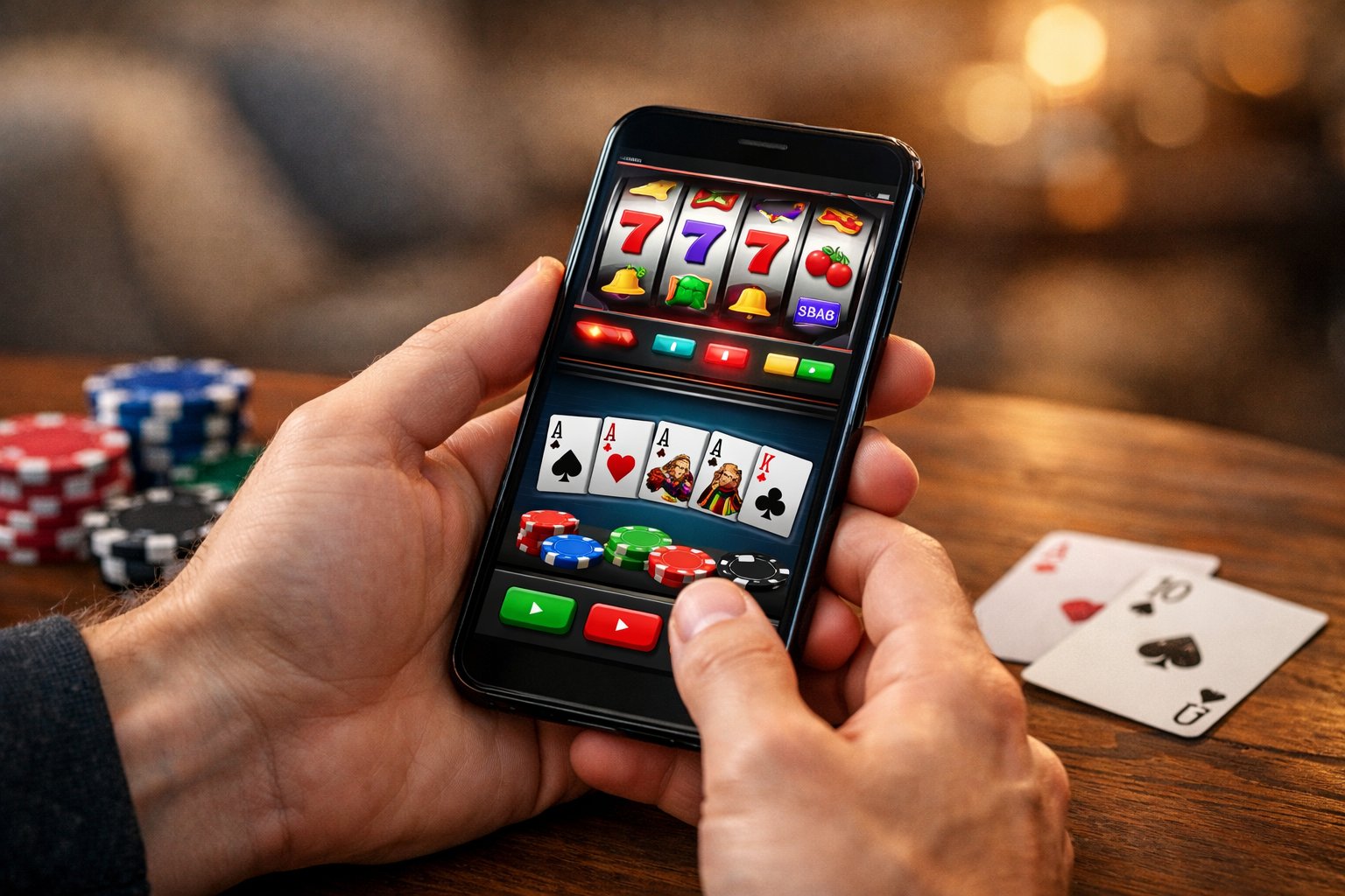 A person holding a smartphone displaying a colorful casino game with poker cards and chips on a table nearby.