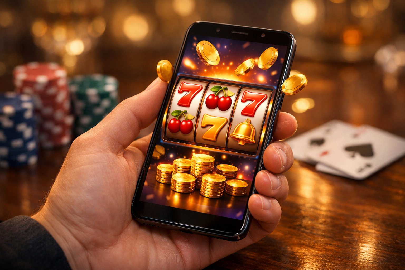 A person holding a smartphone showing a colorful casino game screen with slot machine symbols and poker chips on a table in the background.