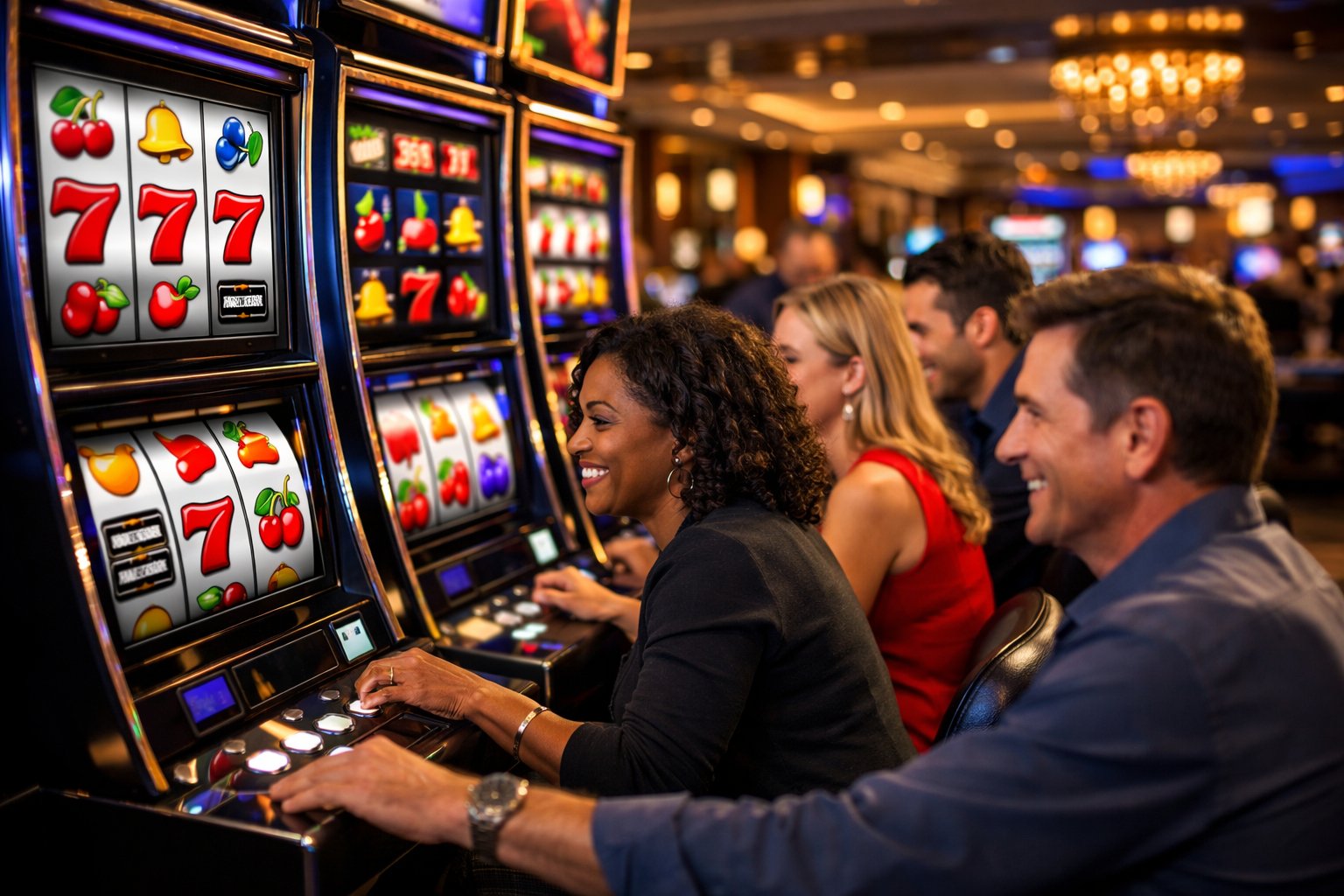 People playing colorful slot machines inside a bright and elegant casino.