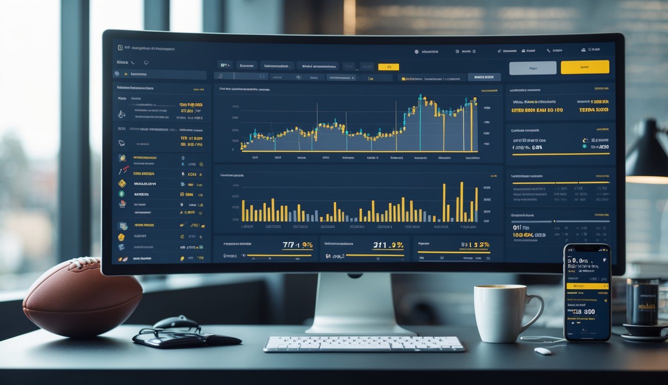 Seorang pria bekerja di depan komputer dengan layar yang menampilkan statistik pertandingan sepak bola secara digital dan lengkap.