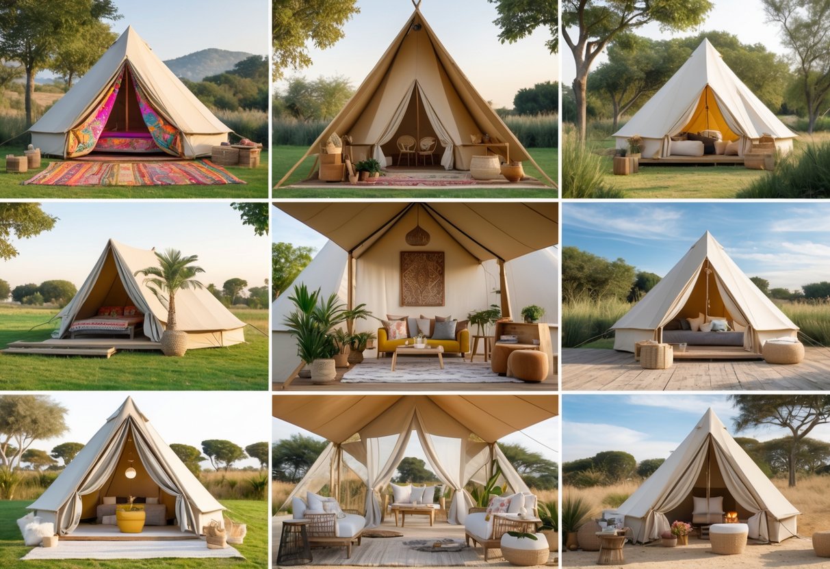 Outdoor scene displaying ten different stylish and comfortable glamping tents and setups arranged in a natural environment under daylight.