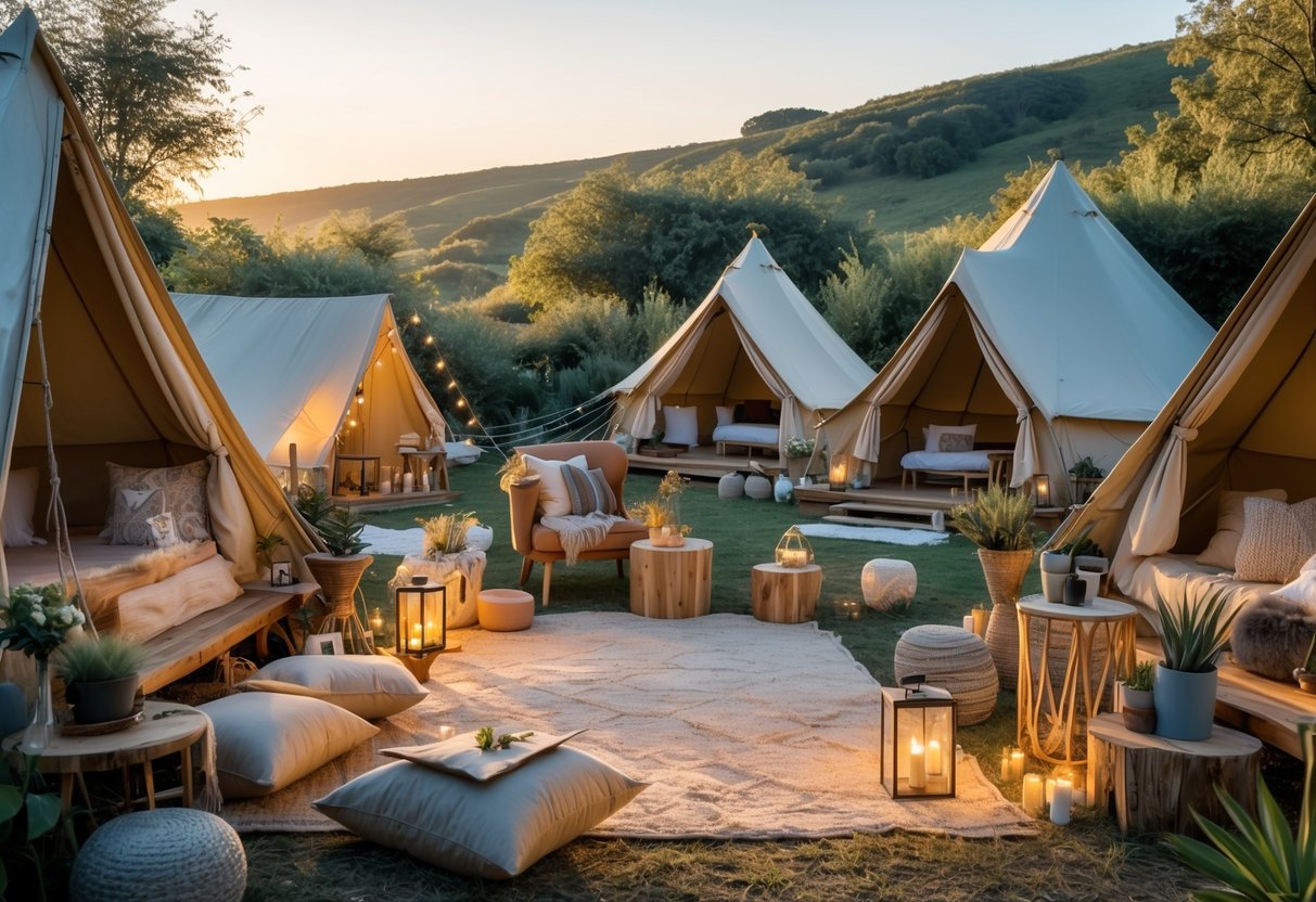 An inviting outdoor glamping site with tents, cozy seating, and soft lighting set in a natural landscape during sunset.