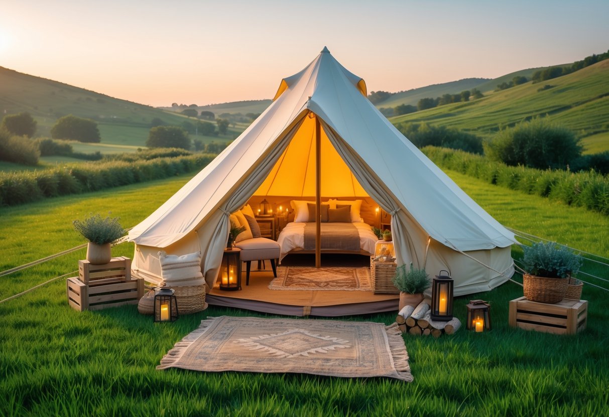 A classic bell tent set up in a grassy meadow with cozy decorations and warm sunlight during sunset.