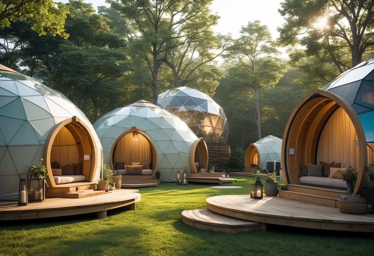 A peaceful outdoor scene with yurts and geodesic domes surrounded by trees and greenery.
