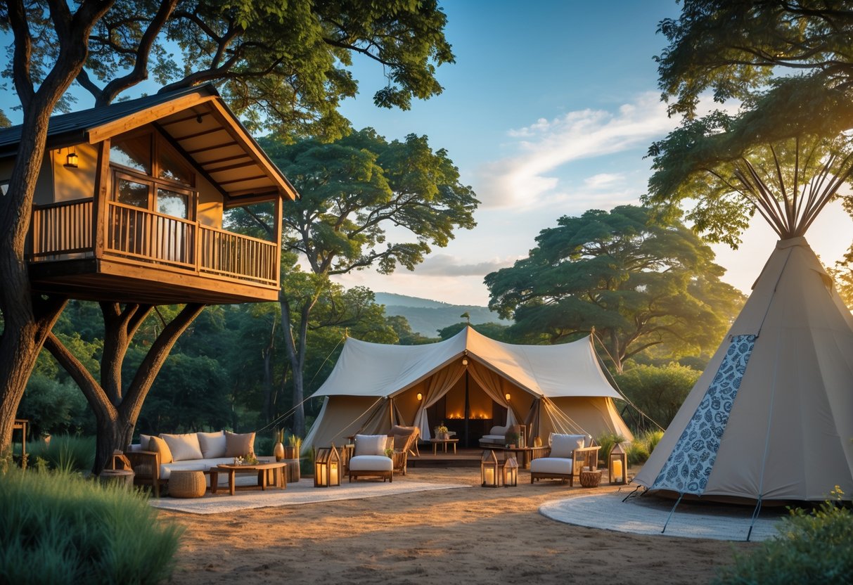 A peaceful outdoor glamping site with a treehouse, a safari tent, and a tipi surrounded by trees and natural scenery during sunset.