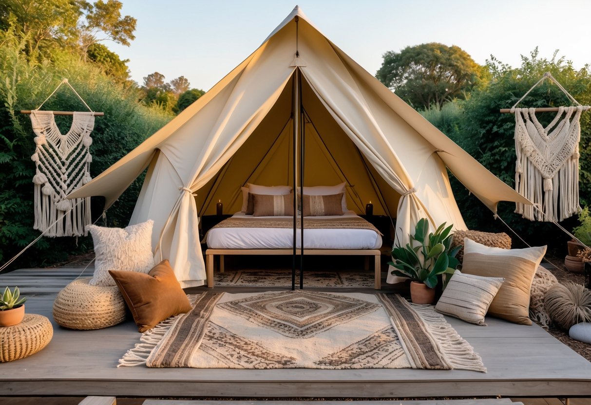 An outdoor glamping setup featuring a cream-colored tent with simple furnishings, surrounded by plants and natural decorations under soft sunlight.