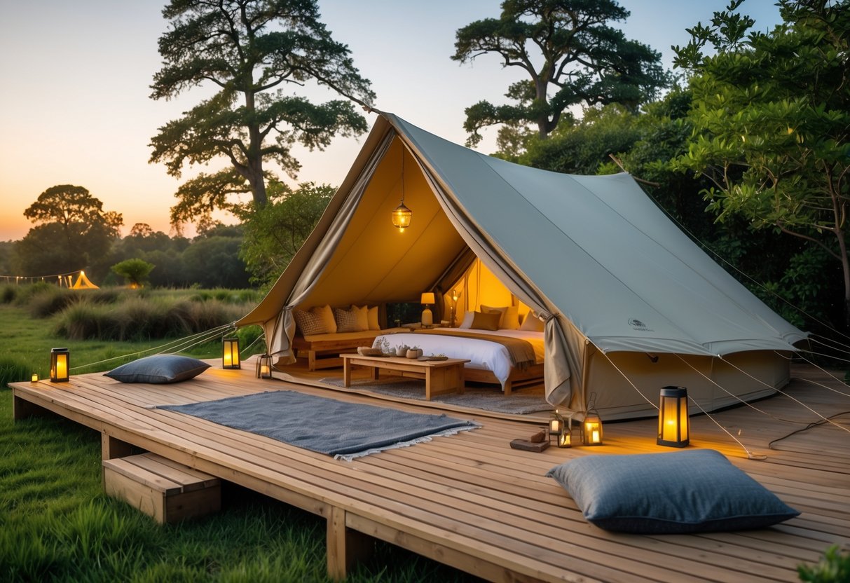 A cozy tent set up in a natural outdoor area surrounded by trees and soft lighting during sunset.