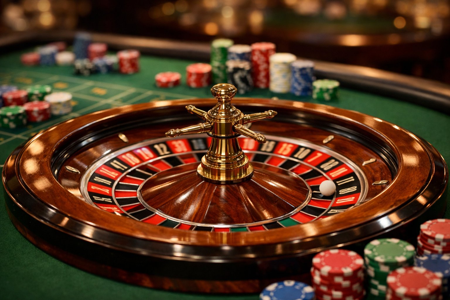 A roulette wheel spinning on a green betting table with chips placed on various numbers.