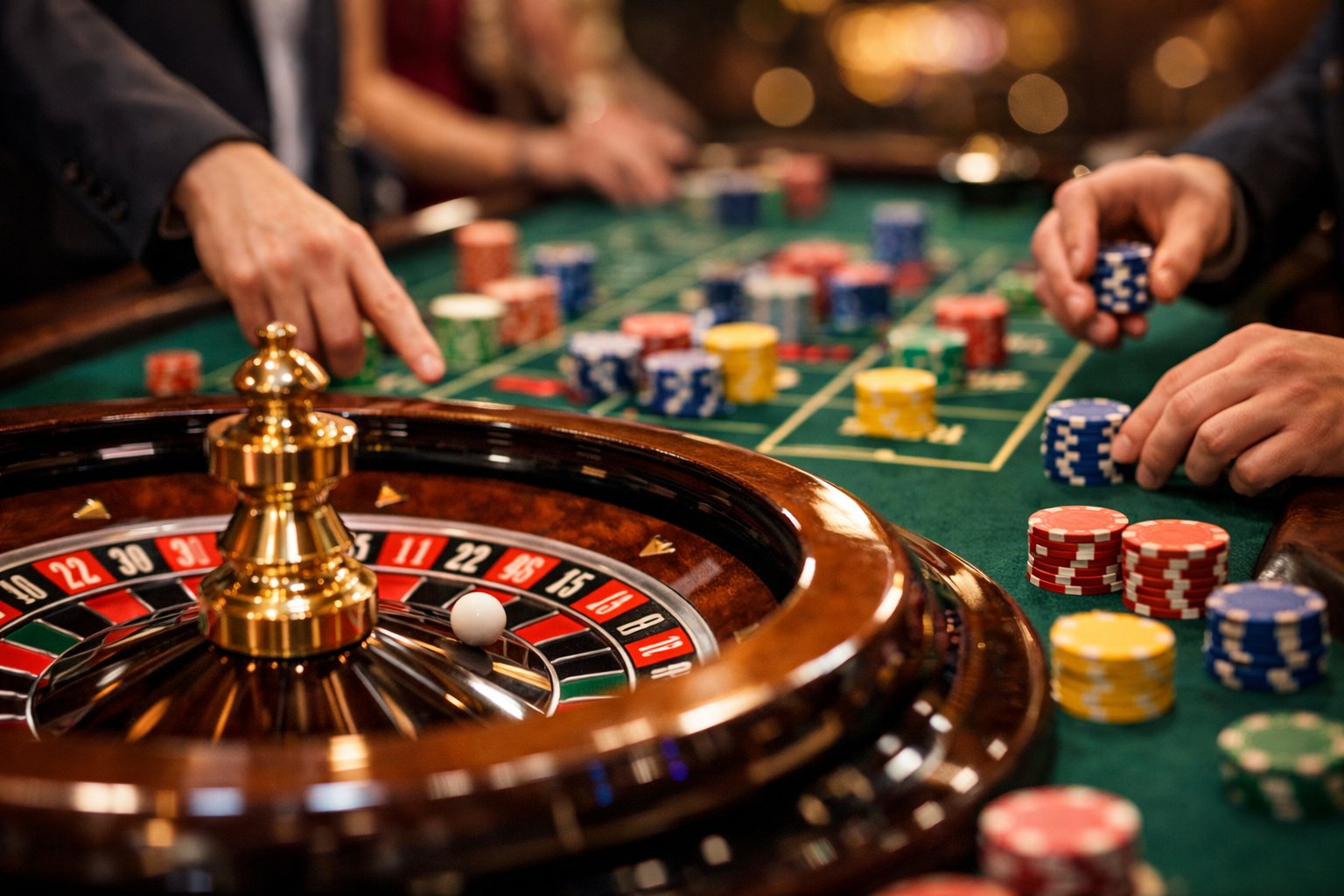 Close-up of a roulette wheel spinning with players placing bets on a green felt table covered with chips.