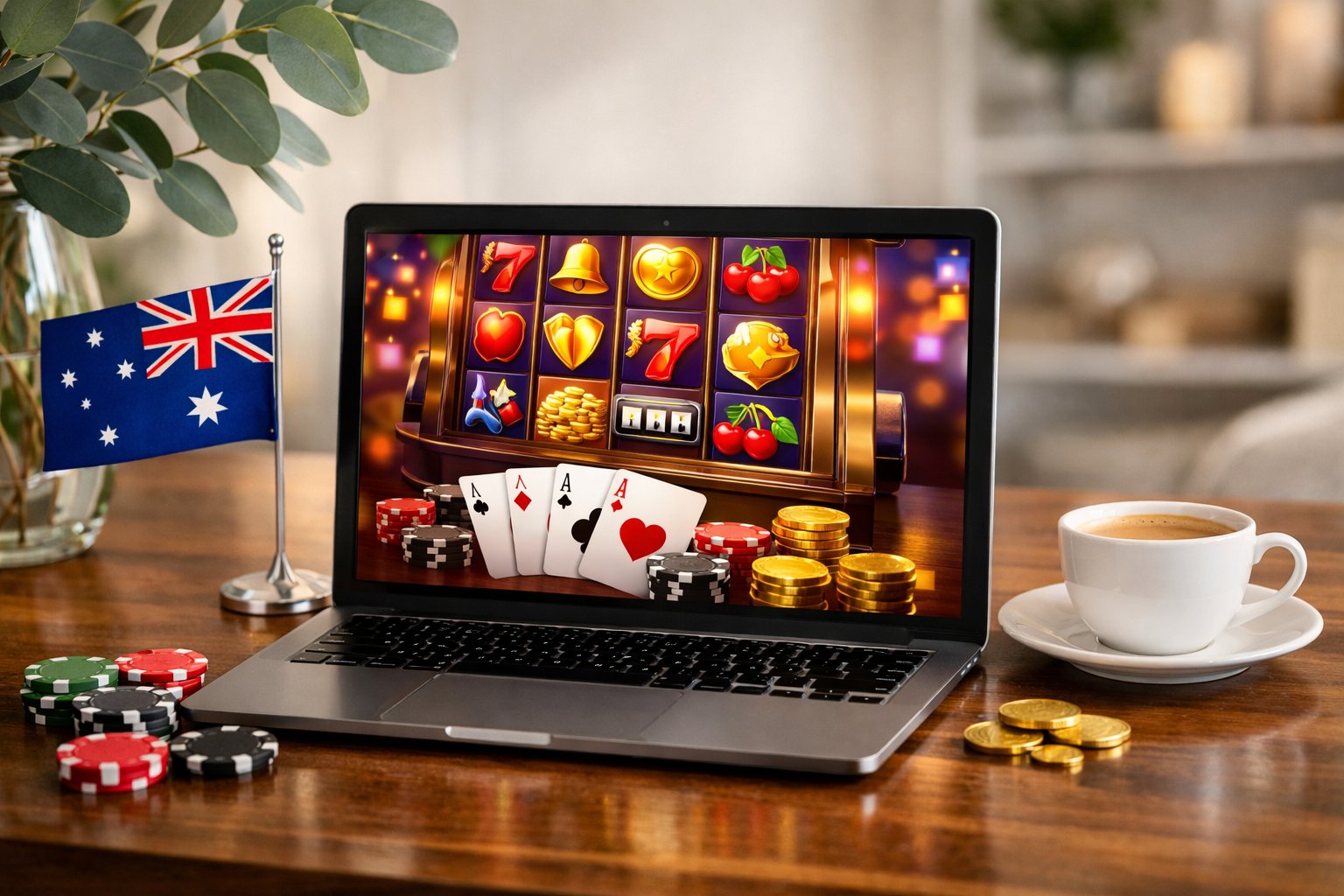 A laptop on a wooden desk showing an online casino game screen, with an Australian flag and coffee cup nearby in a bright, comfortable room.