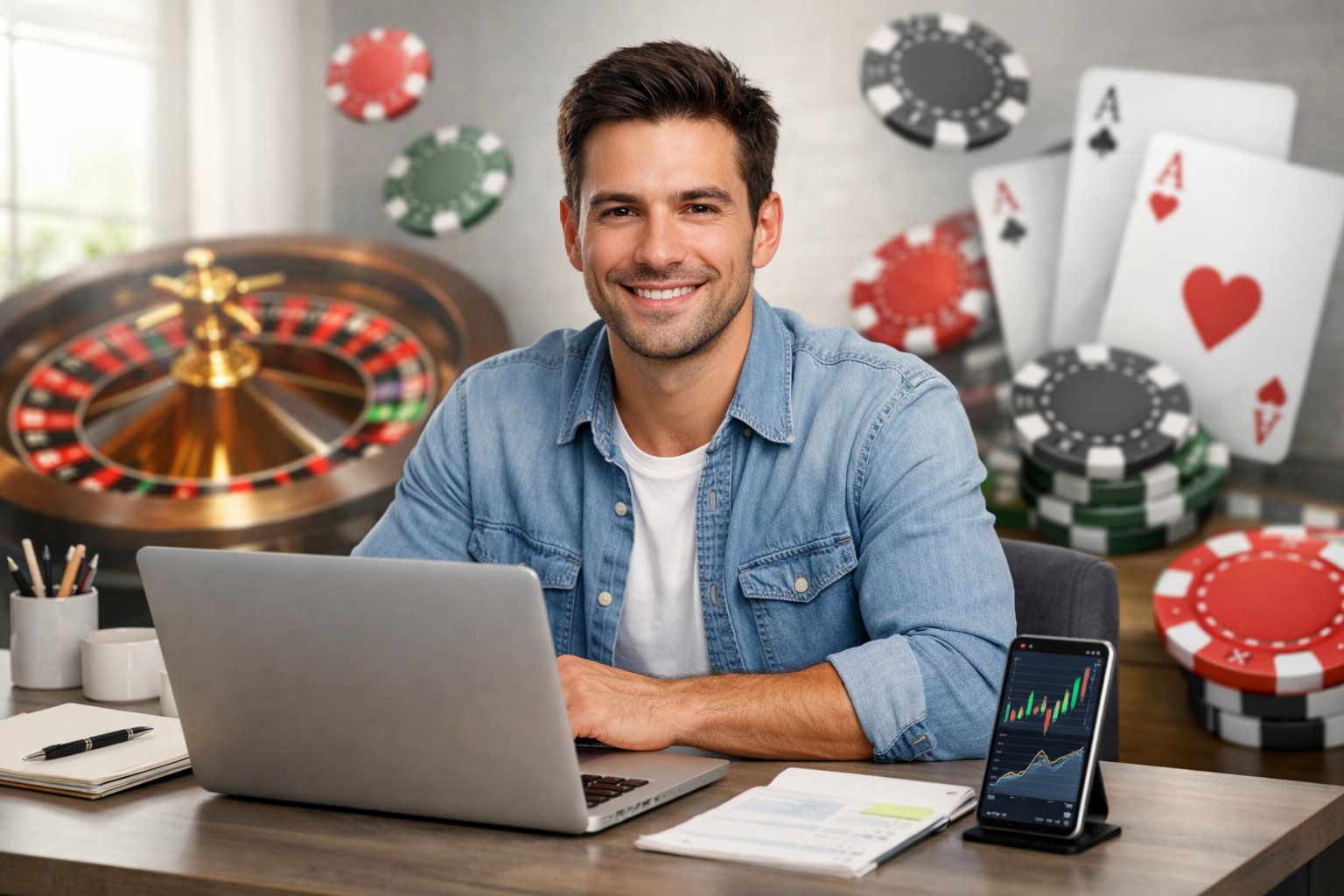 A young adult working on a laptop at a desk with poker chips and playing cards nearby in a bright home office.