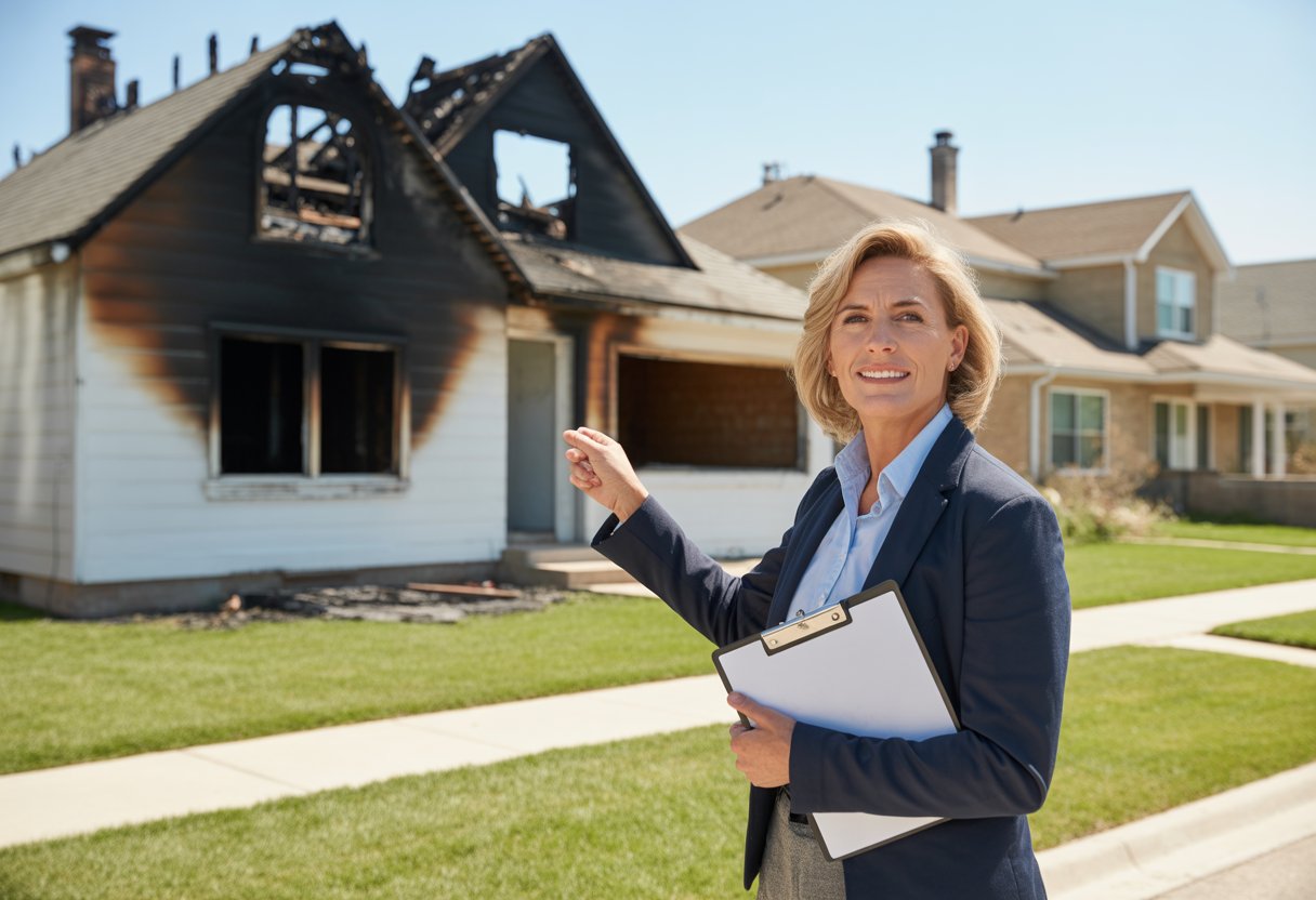 A real estate agent stands in front of a fire-damaged house, pointing towards it in a suburban neighborhood.