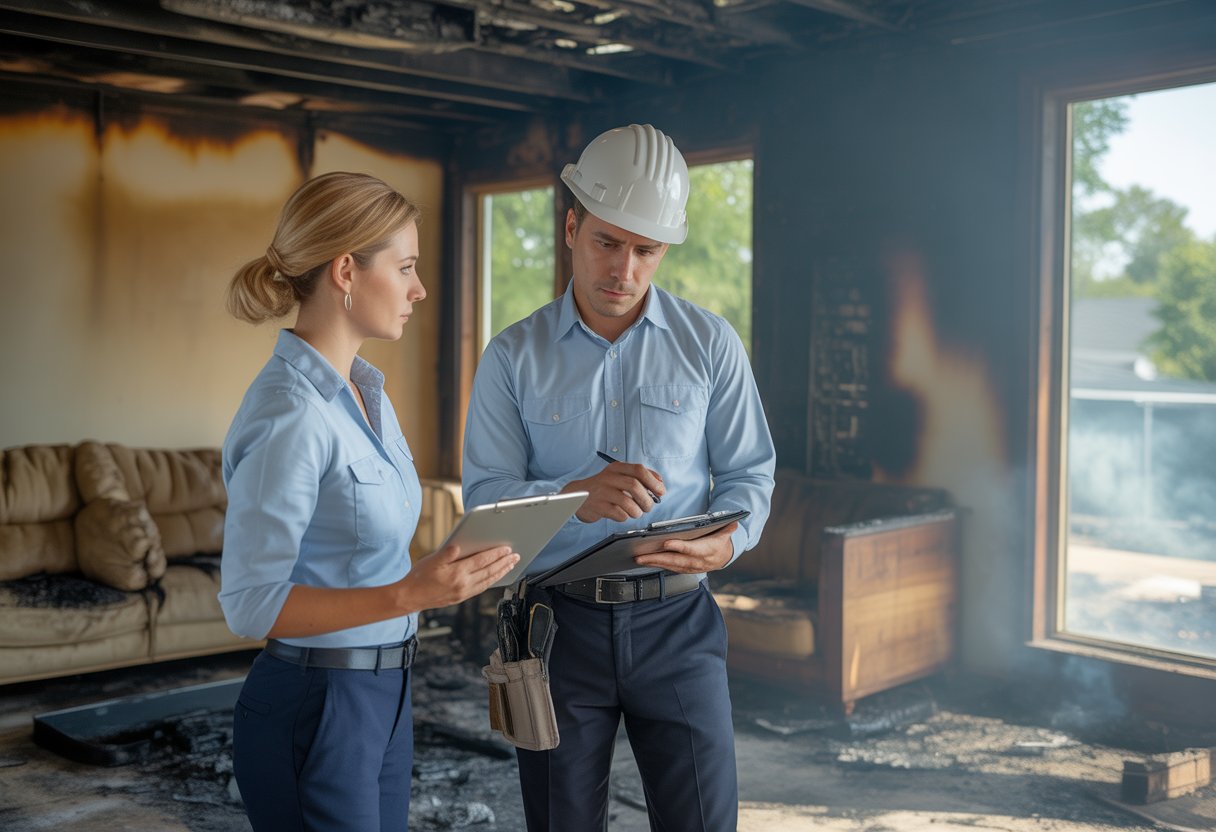 A real estate agent and home inspector examining fire damage inside a damaged house.