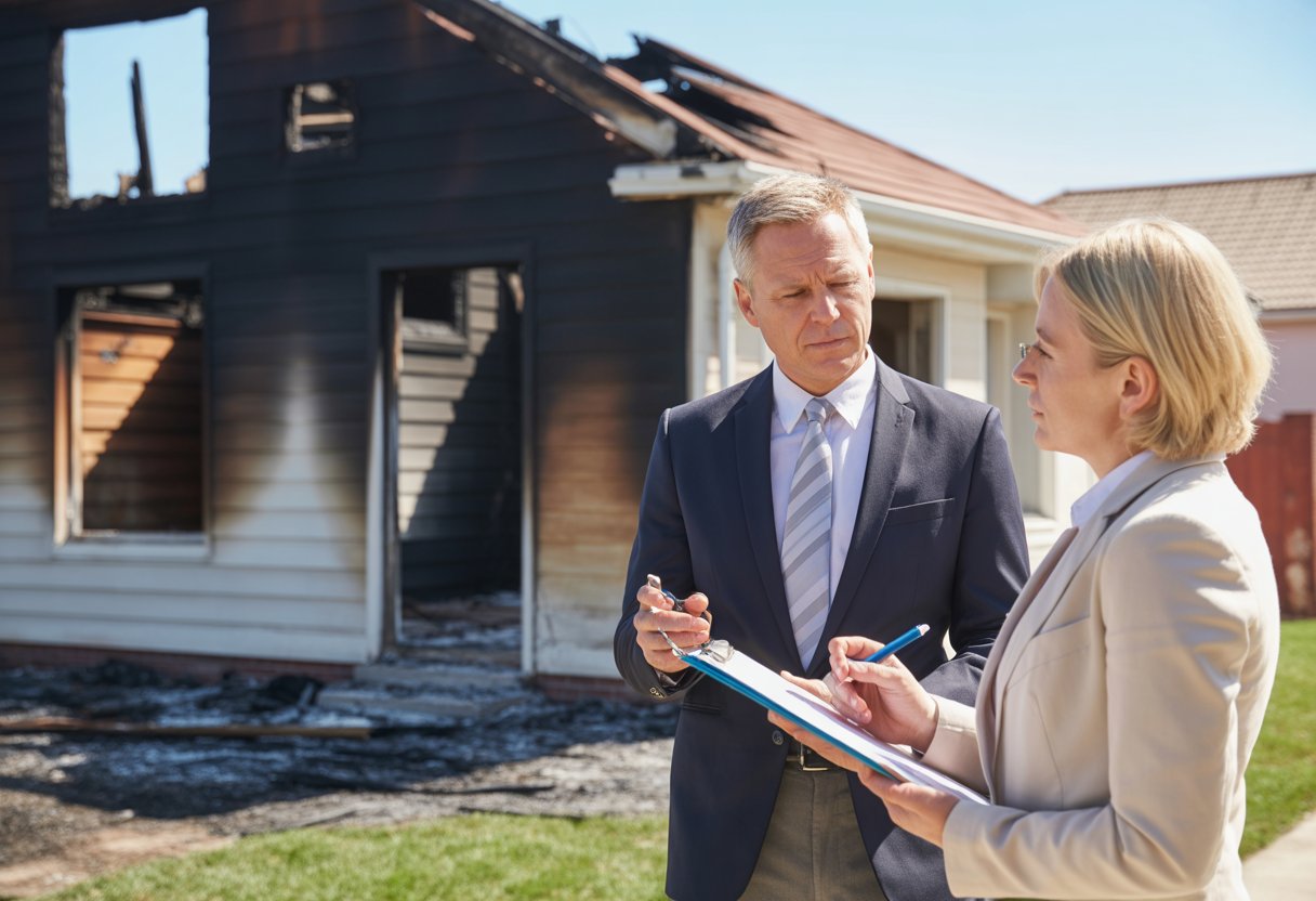 A real estate agent and homeowner discuss in front of a fire-damaged house with visible charred walls and broken windows.