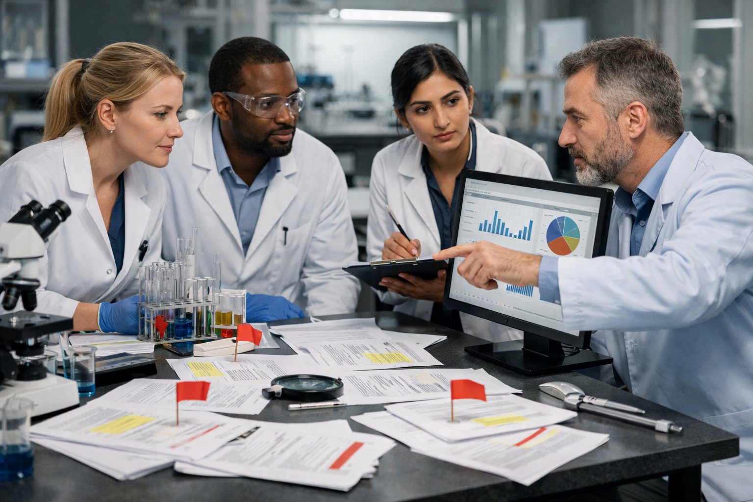 Scientists reviewing documents and lab equipment in a laboratory, discussing quality issues discussing ISO 17025 nonconformity examples