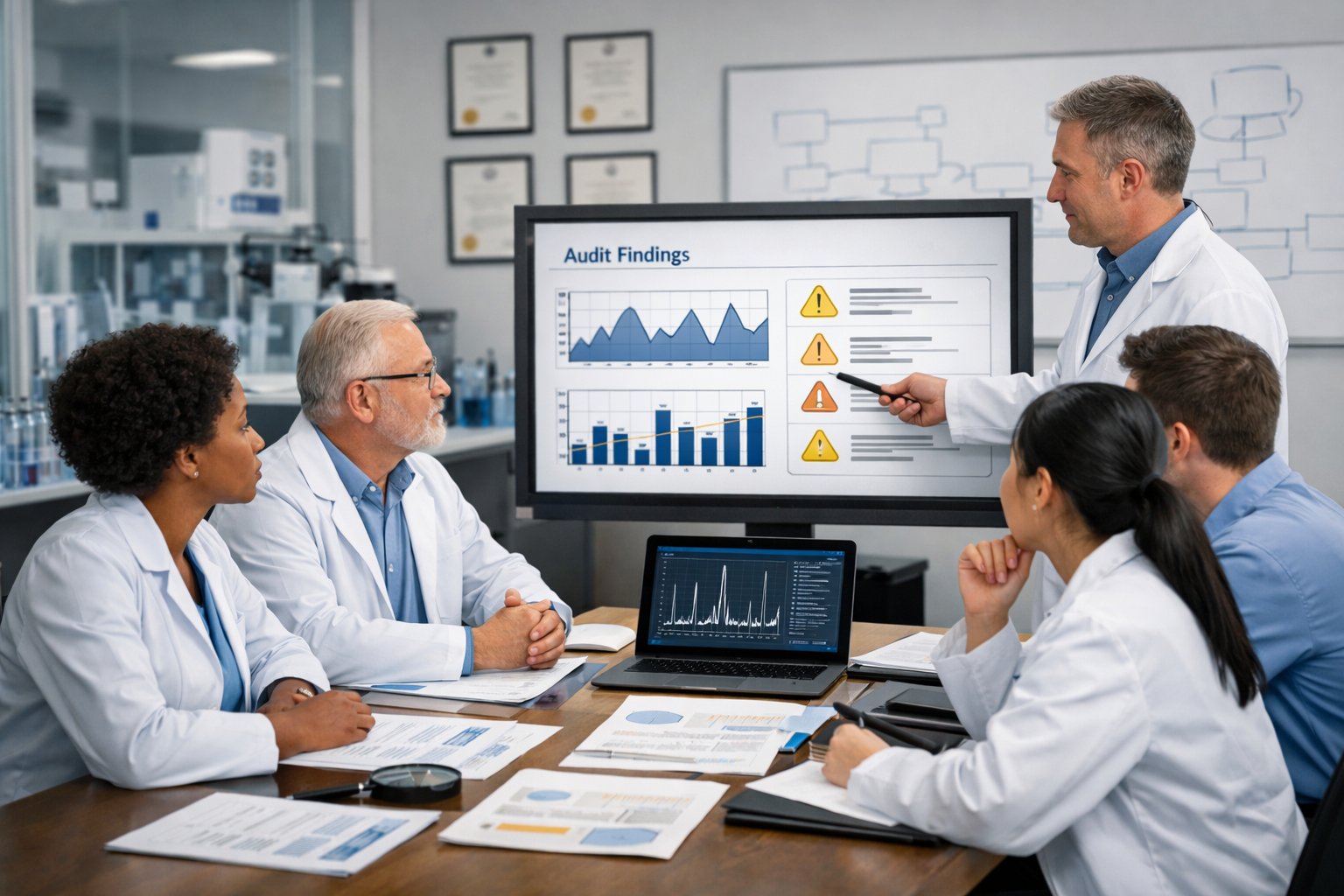 A group of professionals in a conference room discussing audit findings with documents, laptops, and charts related to laboratory quality control discussing ISO 17025 nonconformity examples