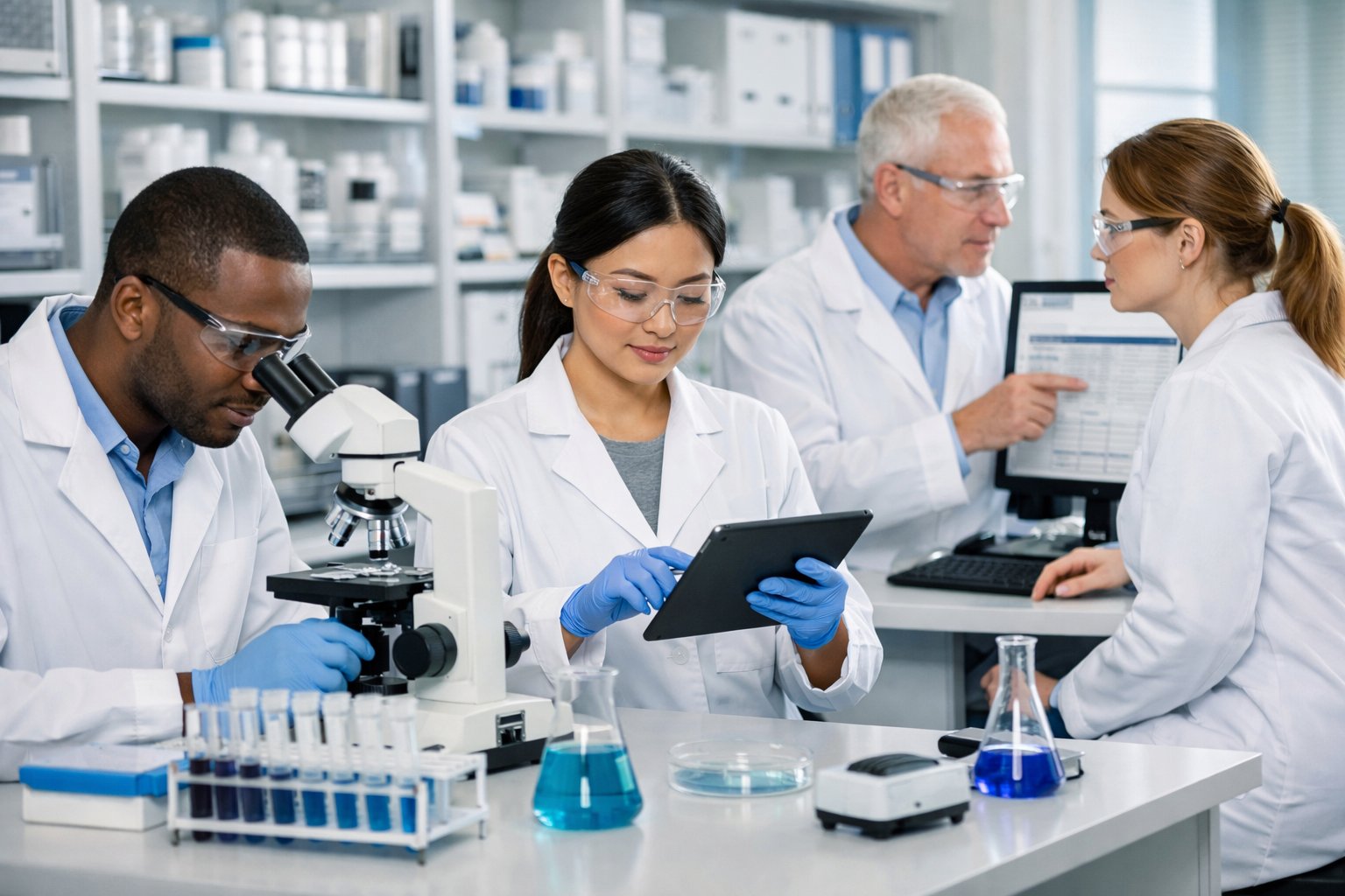 Laboratory technicians in lab coats working with scientific instruments and digital devices in a clean, organized laboratory discussing ISO 17025 nonconformity examples