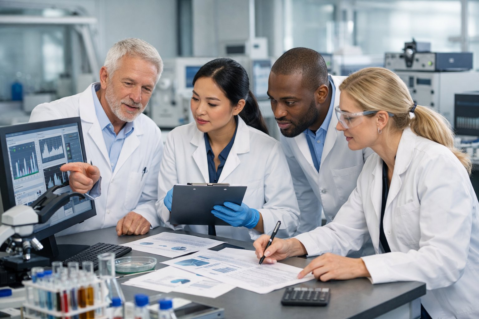 A group of scientists and quality control specialists discussing data and documents in a modern laboratory filled with scientific equipment discussing ISO 17025 nonconformity examples