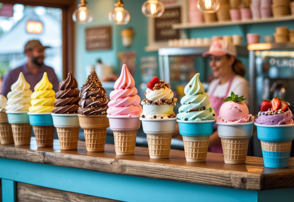 An ice cream shop counter displaying various colorful ice cream cones and cups with different flavors and toppings, with a vendor serving customers in a cozy small-town setting.