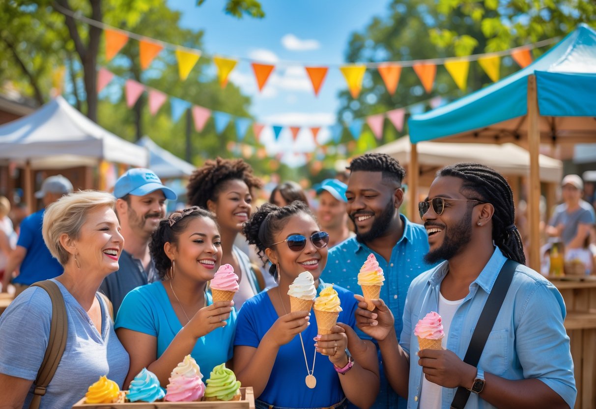 People enjoying ice cream outdoors at a sunny community event with trees and festive decorations in the background.