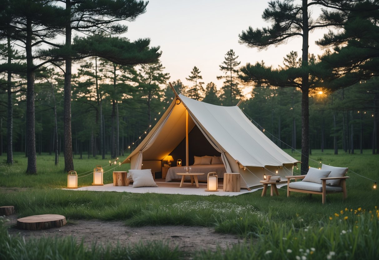A peaceful glamping site with a canvas tent and wooden furniture surrounded by tall pine trees in a forest clearing during sunset.