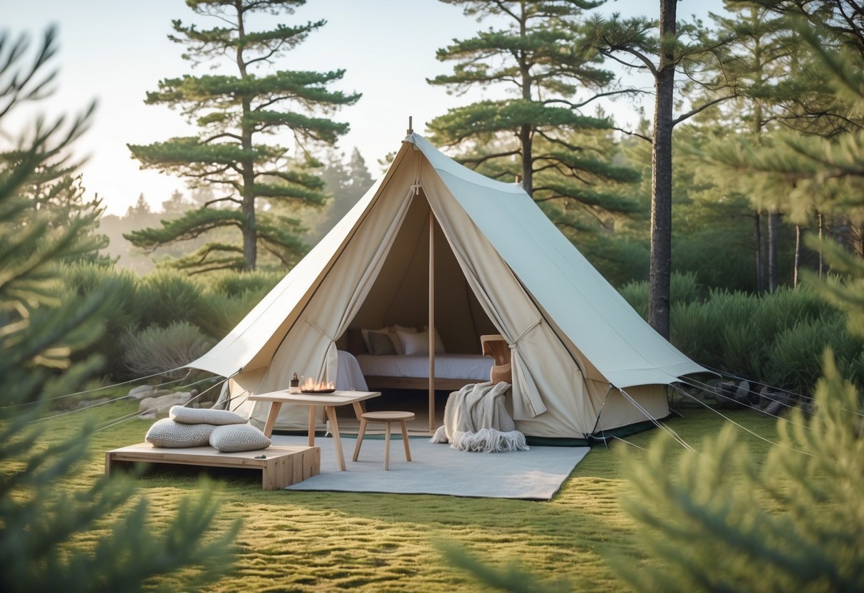 A peaceful outdoor glamping site with a modern tent surrounded by pine trees and simple wooden furniture under soft sunlight.