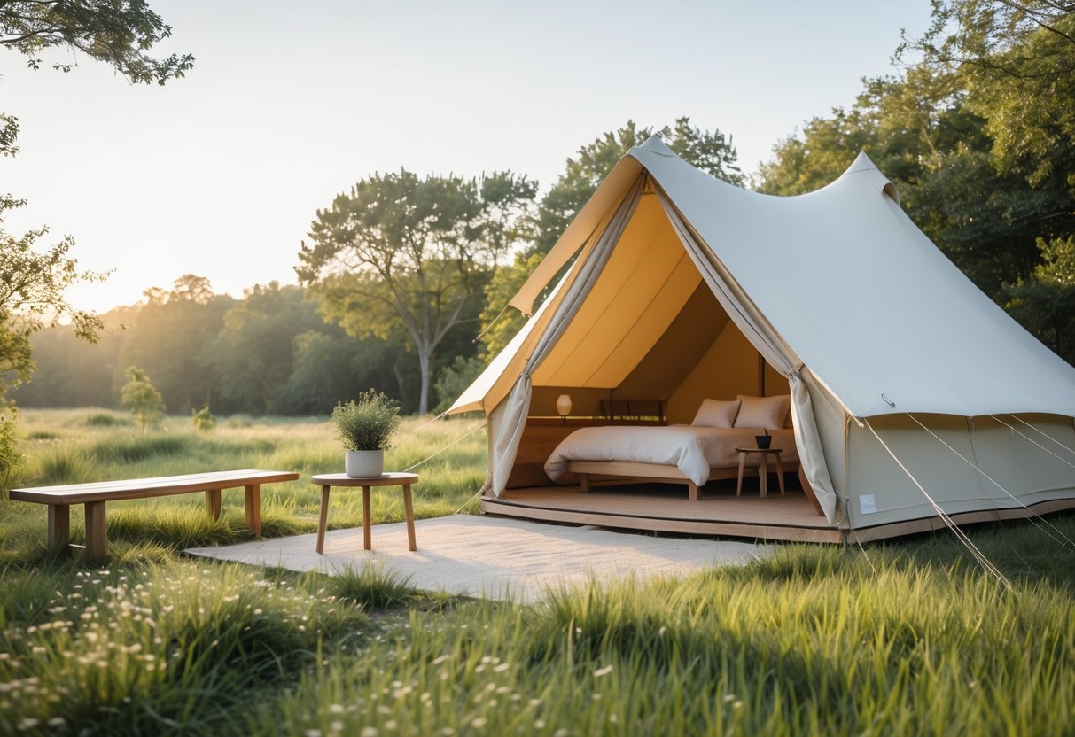 A peaceful glamping site with a minimalist tent surrounded by green grass and trees under a clear sky.