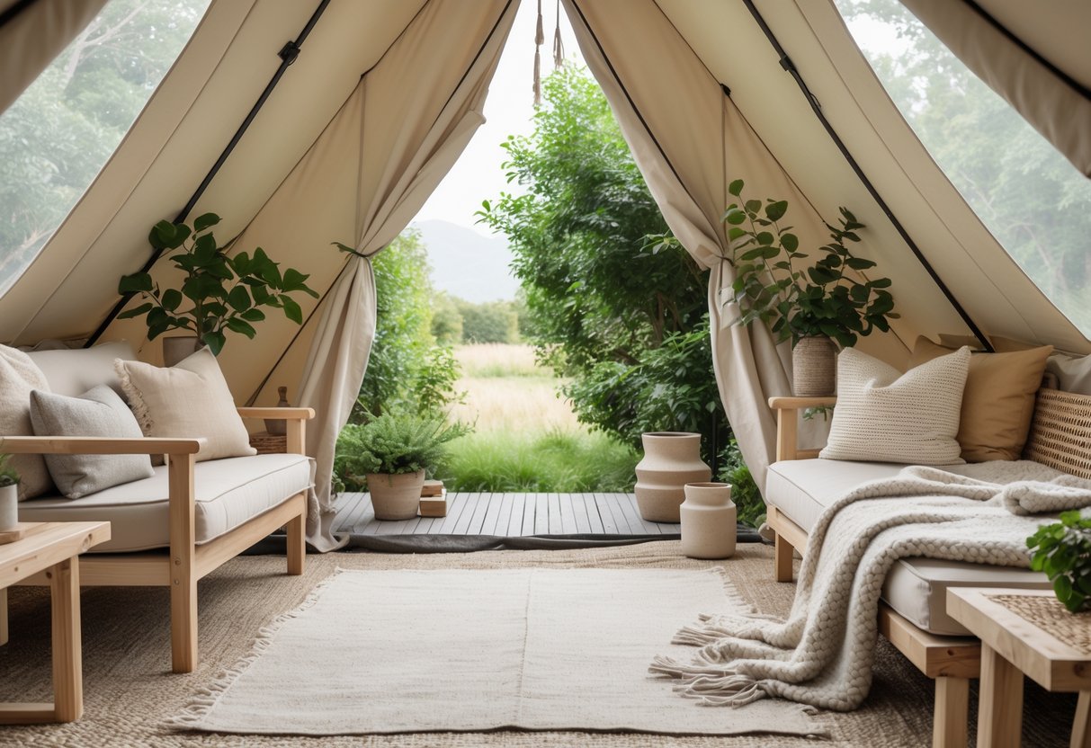 A cozy outdoor tent interior with wooden furniture, soft blankets, plants, and natural light filtering through, surrounded by greenery.