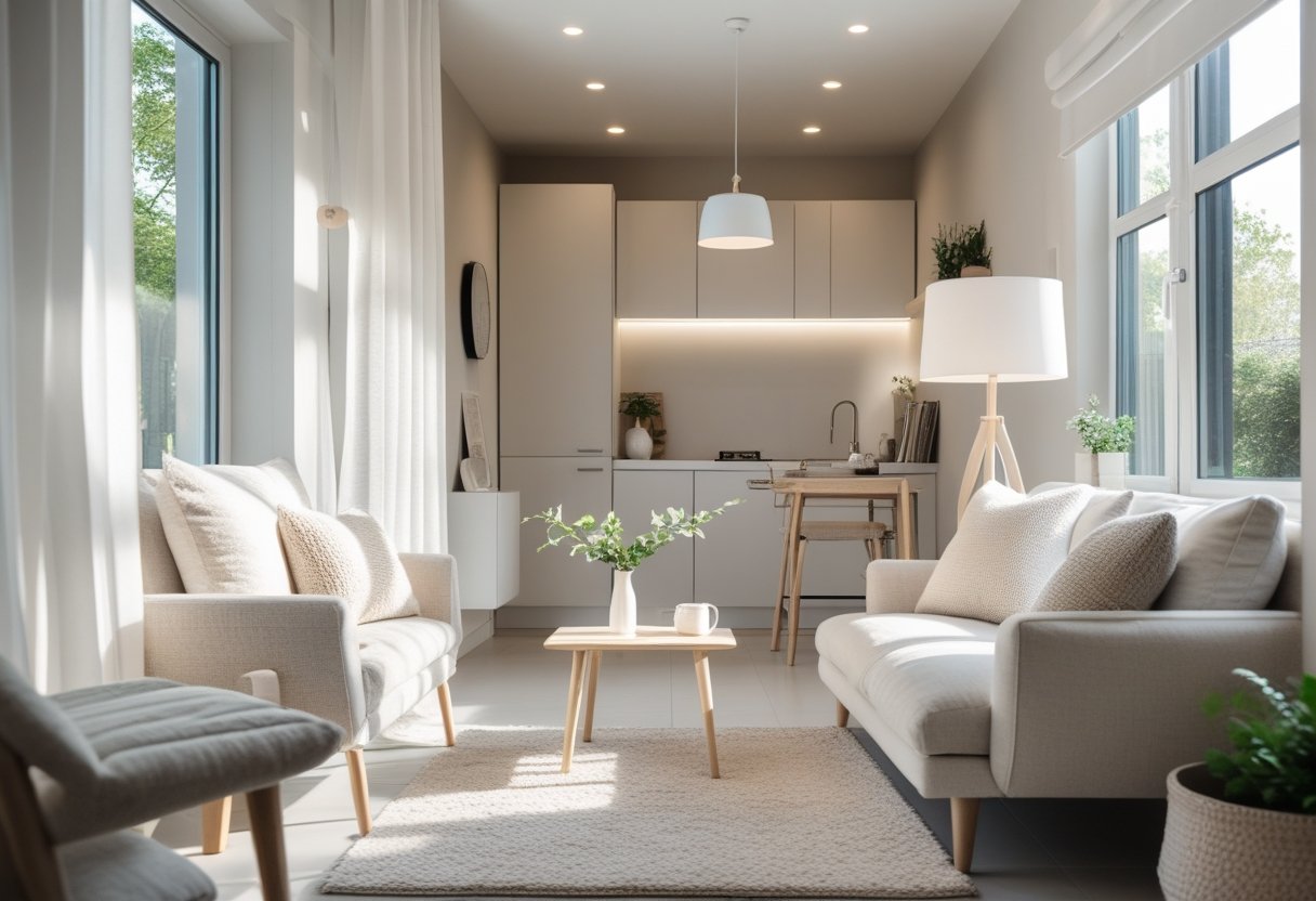 A small, bright living room with a cozy sofa, wooden coffee table, plants, and large windows letting in sunlight, creating a calm and inviting atmosphere.