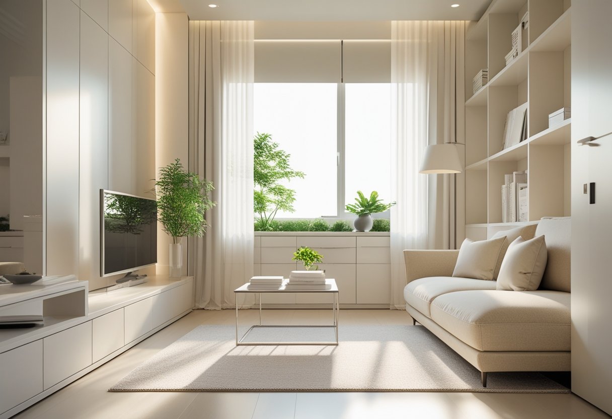 A small, bright living room with a sofa, coffee table, indoor plant, and large window letting in natural light.