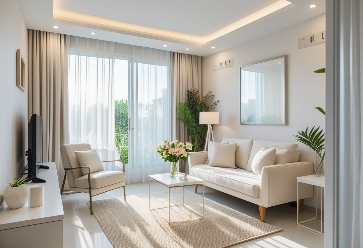 A small, bright living room with a cozy sofa, coffee table, plants, and natural light coming through large windows.