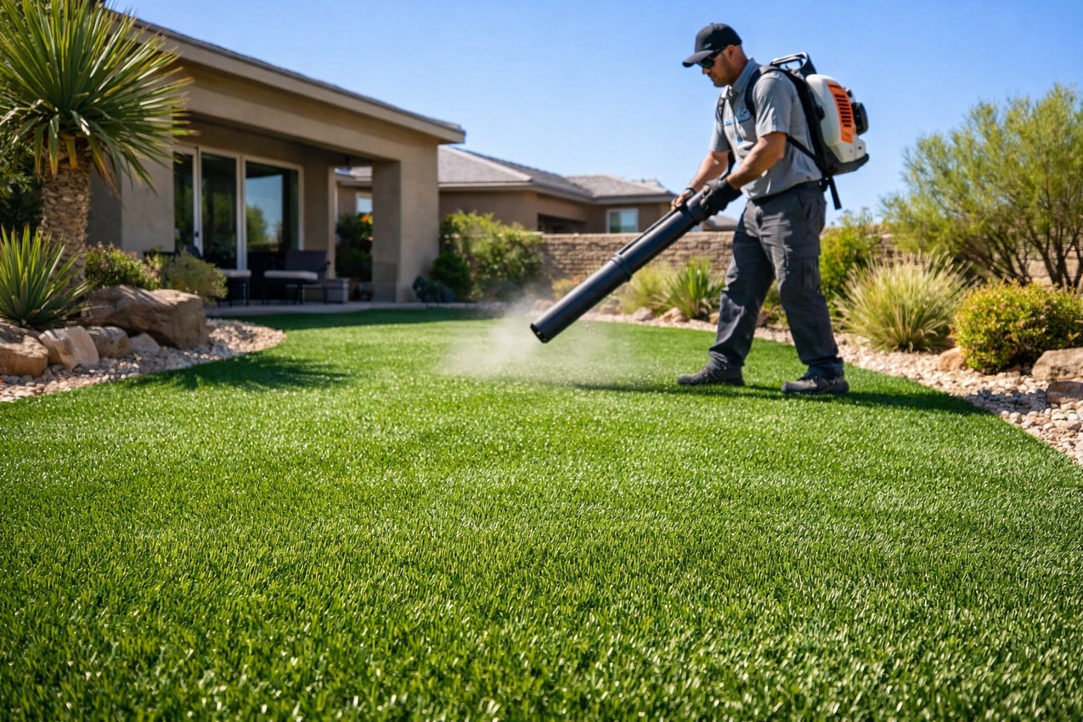 A worker cleaning a bright green artificial turf lawn in a sunny Las Vegas backyard with desert plants and a modern house in the background.