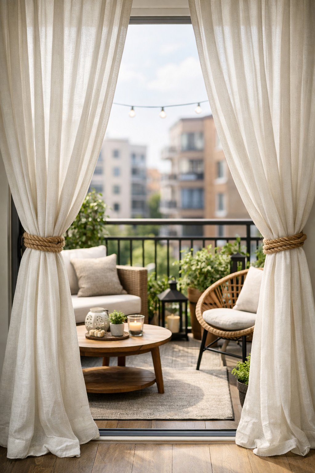 Apartment balcony with light curtains tied back using natural rope, showing seating and plants on the balcony.