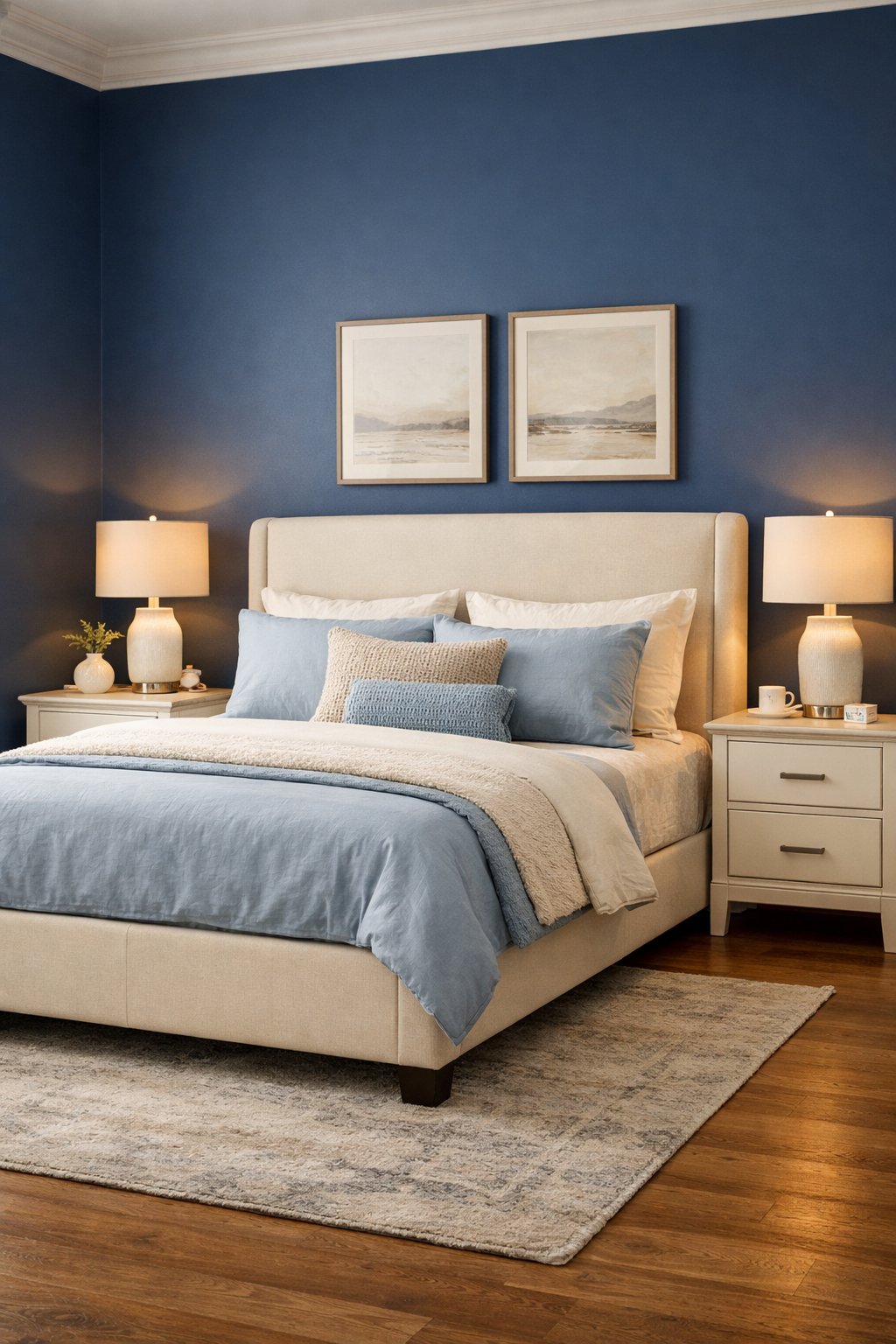 A bedroom with a navy blue accent wall, a cream-colored bed and furniture, soft lighting, and a calm, tidy atmosphere.