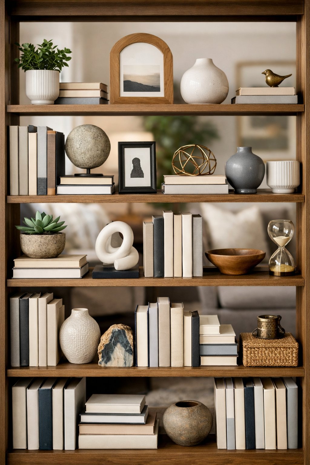 A bookshelf with stacks of books arranged alongside decorative objects like plants, vases, and sculptures in a cozy room.