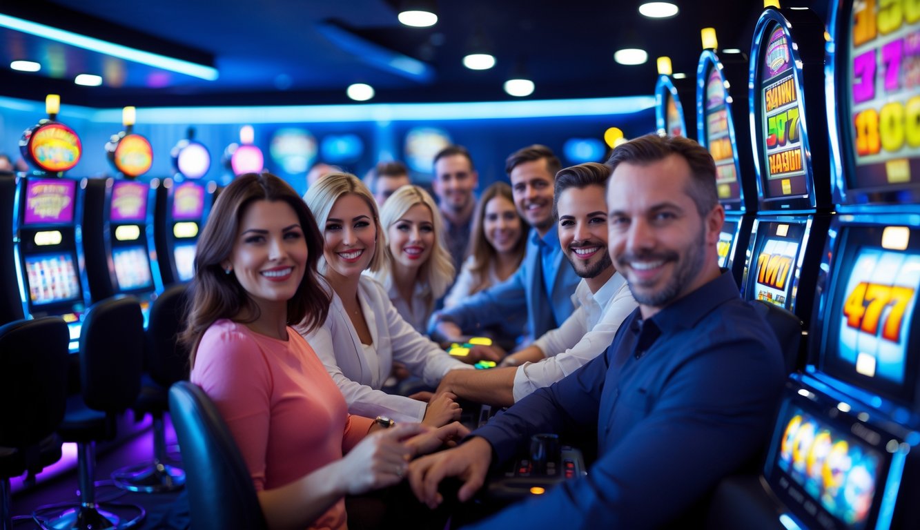 Sejumlah orang sedang bermain mesin slot digital di ruangan kasino modern dengan pencahayaan terang dan suasana yang menyenangkan.