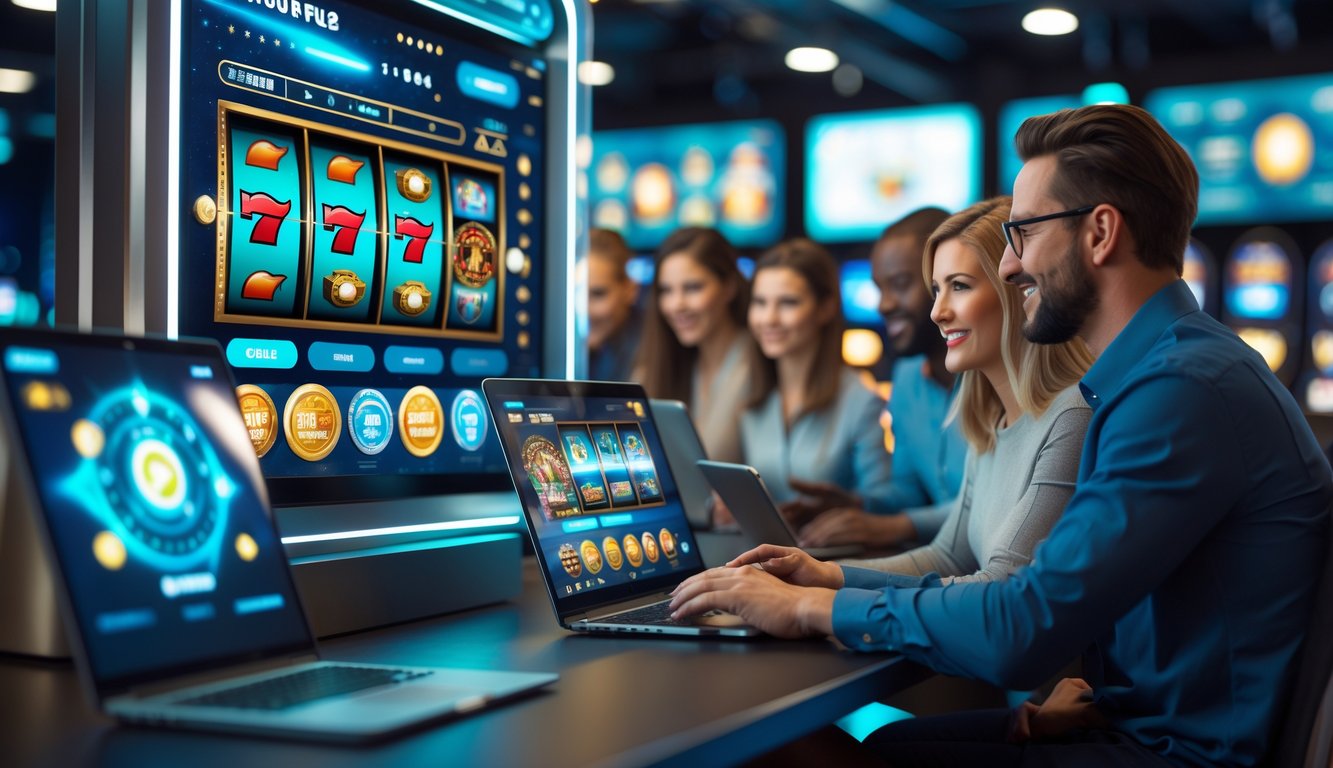 Orang-orang bermain permainan slot online di perangkat digital dengan tampilan antarmuka modern dan suasana yang profesional.