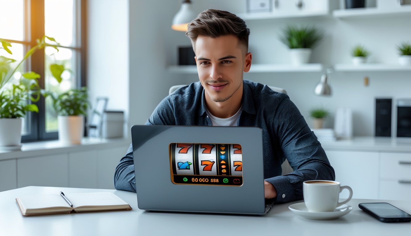Seorang dewasa muda duduk di meja modern sambil bermain permainan slot online di laptop dengan ekspresi fokus di ruang kerja rumah yang terang dan rapi.