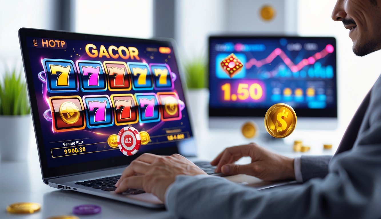 Seseorang menggunakan komputer dengan layar menampilkan permainan slot online berwarna cerah di ruang kerja yang terang dan rapi.