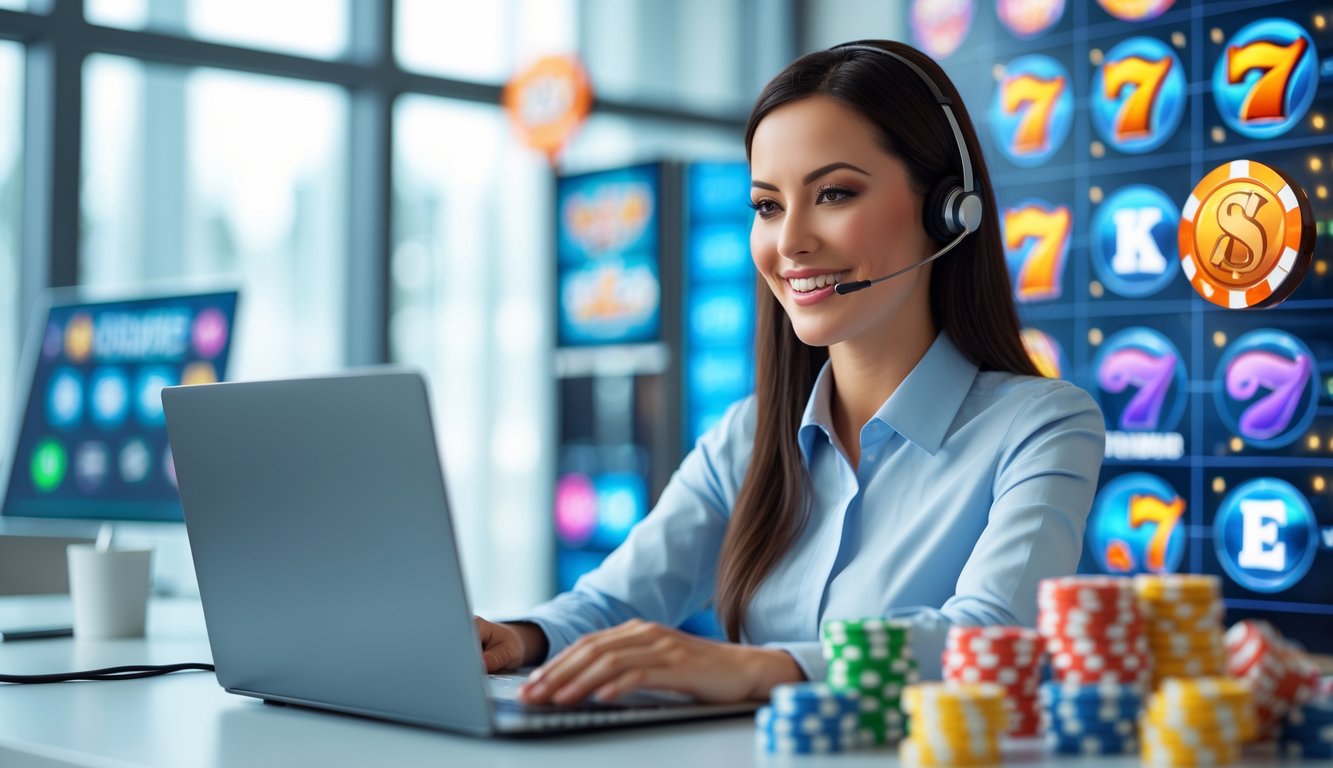 Seorang perwakilan layanan pelanggan tersenyum menggunakan headset di kantor modern dengan latar belakang simbol permainan slot online.