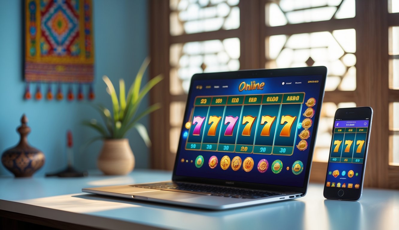 Sebuah laptop dan ponsel di meja yang menampilkan permainan slot online dengan latar belakang elemen budaya Indonesia.
