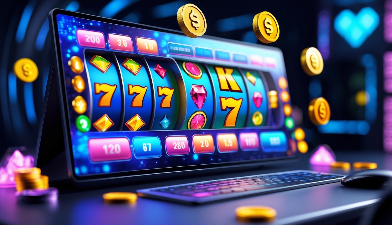 Tampilan antarmuka permainan slot online dengan simbol warna-warni dan ikon bonus di latar belakang yang bersih dan modern.