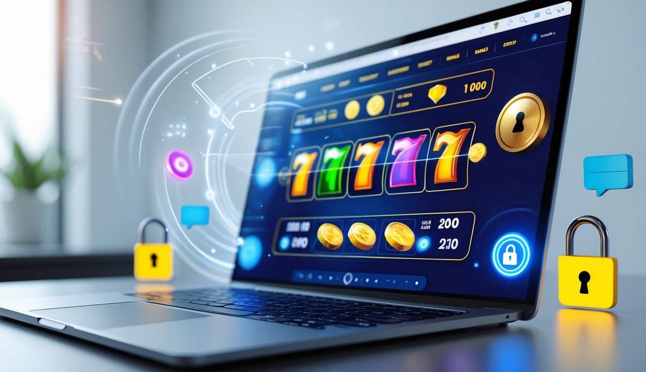Seseorang menggunakan komputer dengan tampilan permainan slot online yang berwarna-warni, dikelilingi ikon pembayaran digital dan simbol keamanan.
